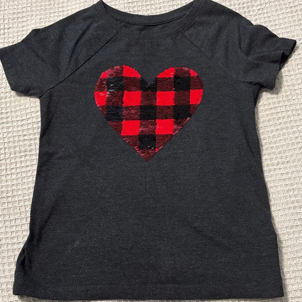 Cat & Jack buffalo plaid Black and Red Heart Shirt